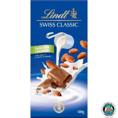 LINDT SWISS CLASSIC MILK W/ROASTED ALMONDS 100 GM